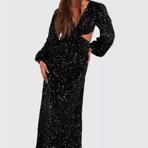 Sequin Ruffle, with ring detail black maxi dress.